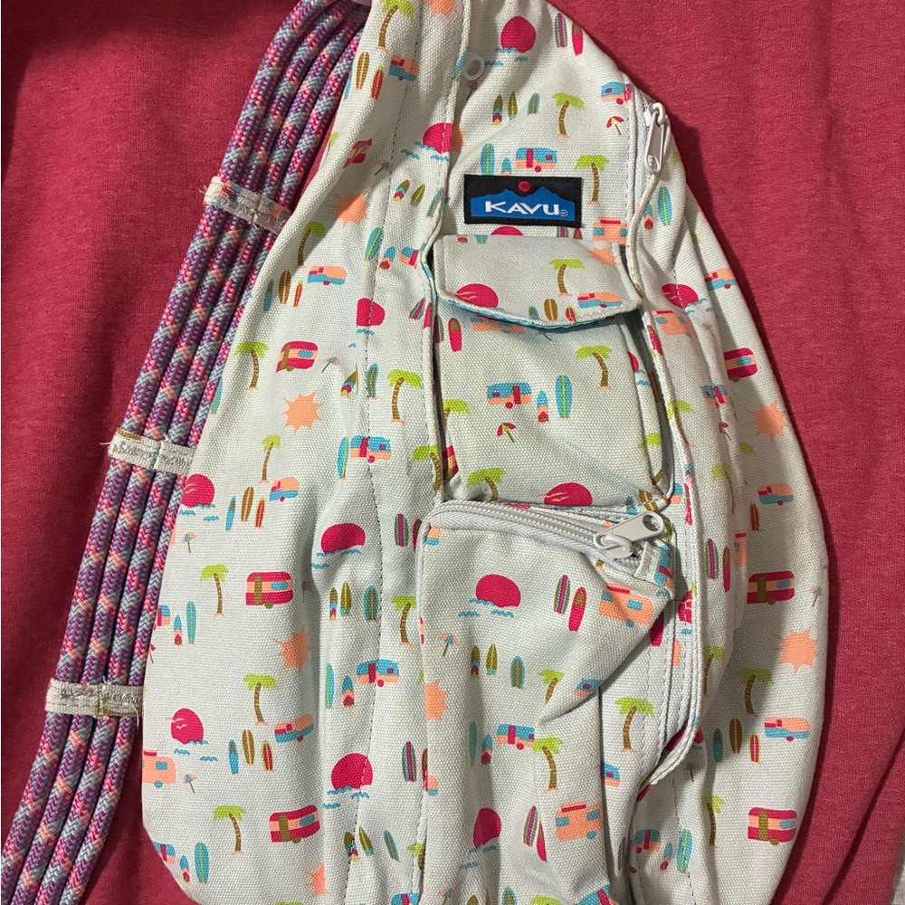 KAVU Kids White Tropical Print Sling Backpack - Pink & Teal Accents